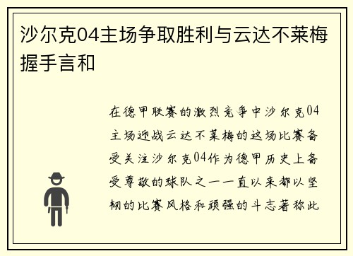 沙尔克04主场争取胜利与云达不莱梅握手言和
